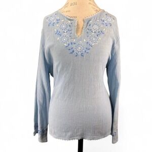 CD Petites‎ Blue Embroidered Cotton Tunic Top Women's Size L